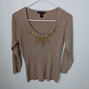 August Silk Gold Shimmer Jeweled Sweater, Medium